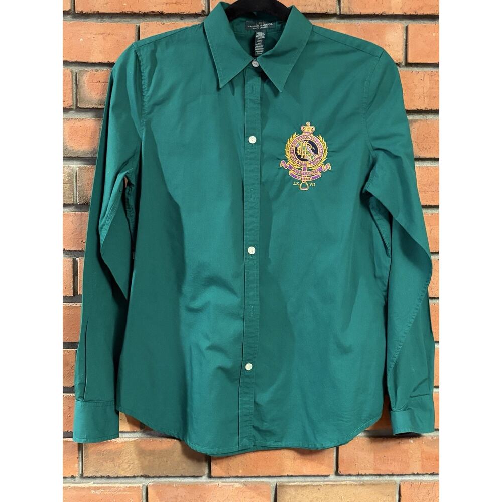 Ralph Lauren Lauren Jeans Co Women Green Shirt Fine Equestrian Goods Crest Sz M